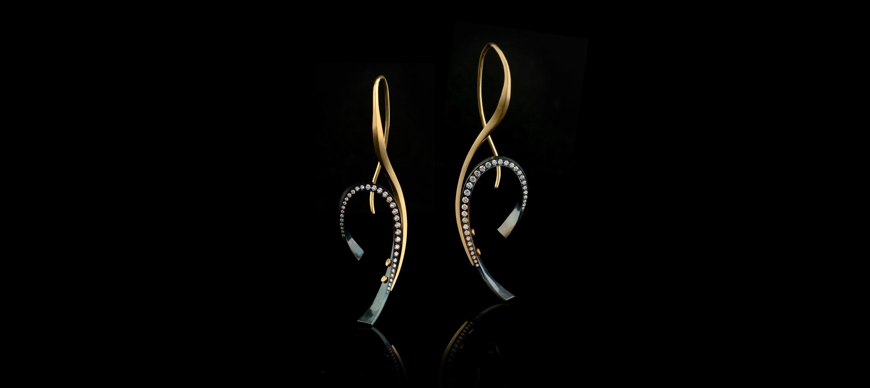 hand forged gold and iron drop diamond earrings