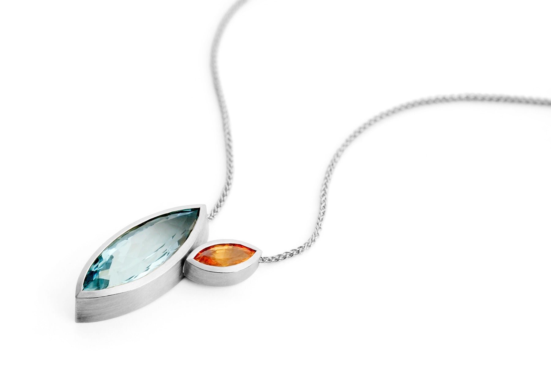 Marquise aquamarine and mandarin garnet white gold pendant