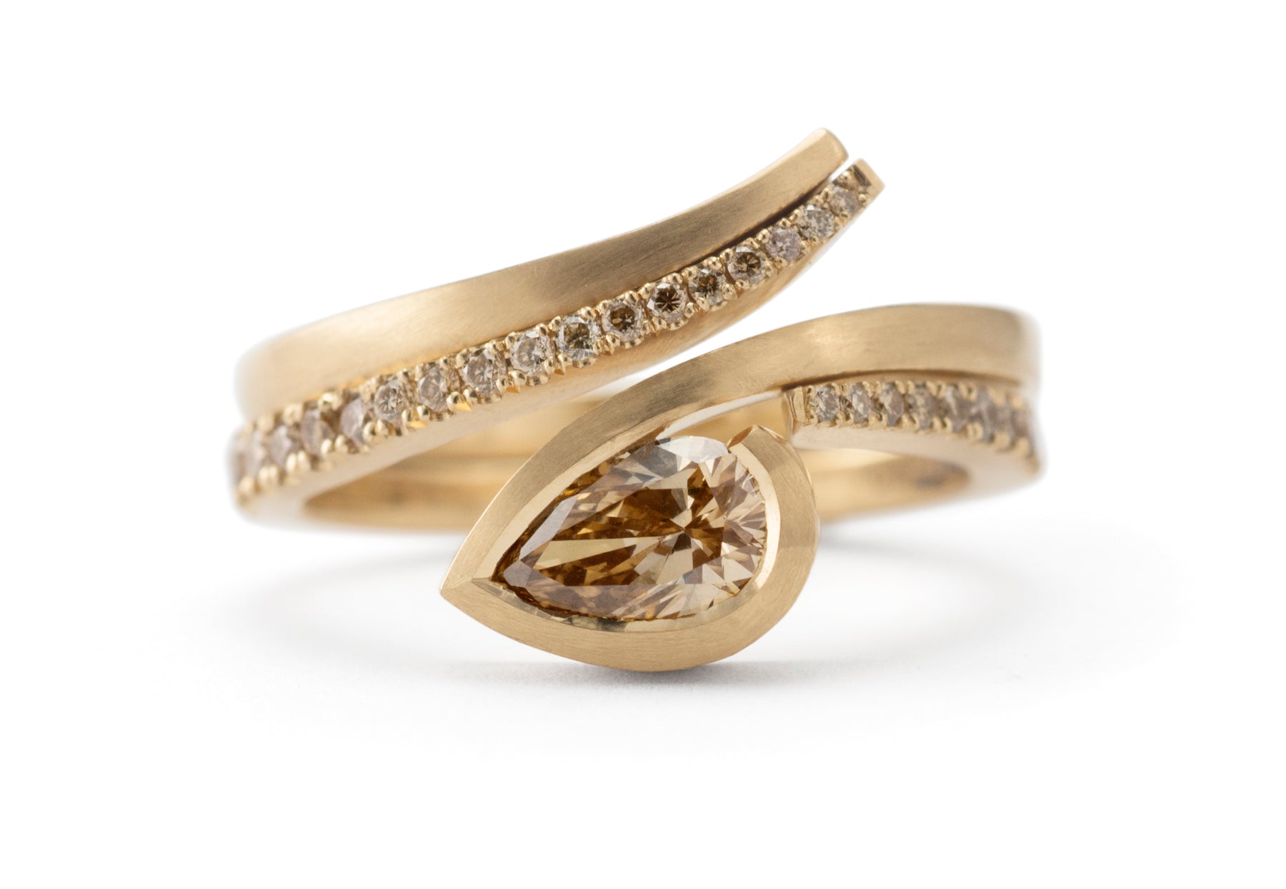 Twist cognac diamond rose gold engagement ring and cognac diamond pave set fitted wedding ring