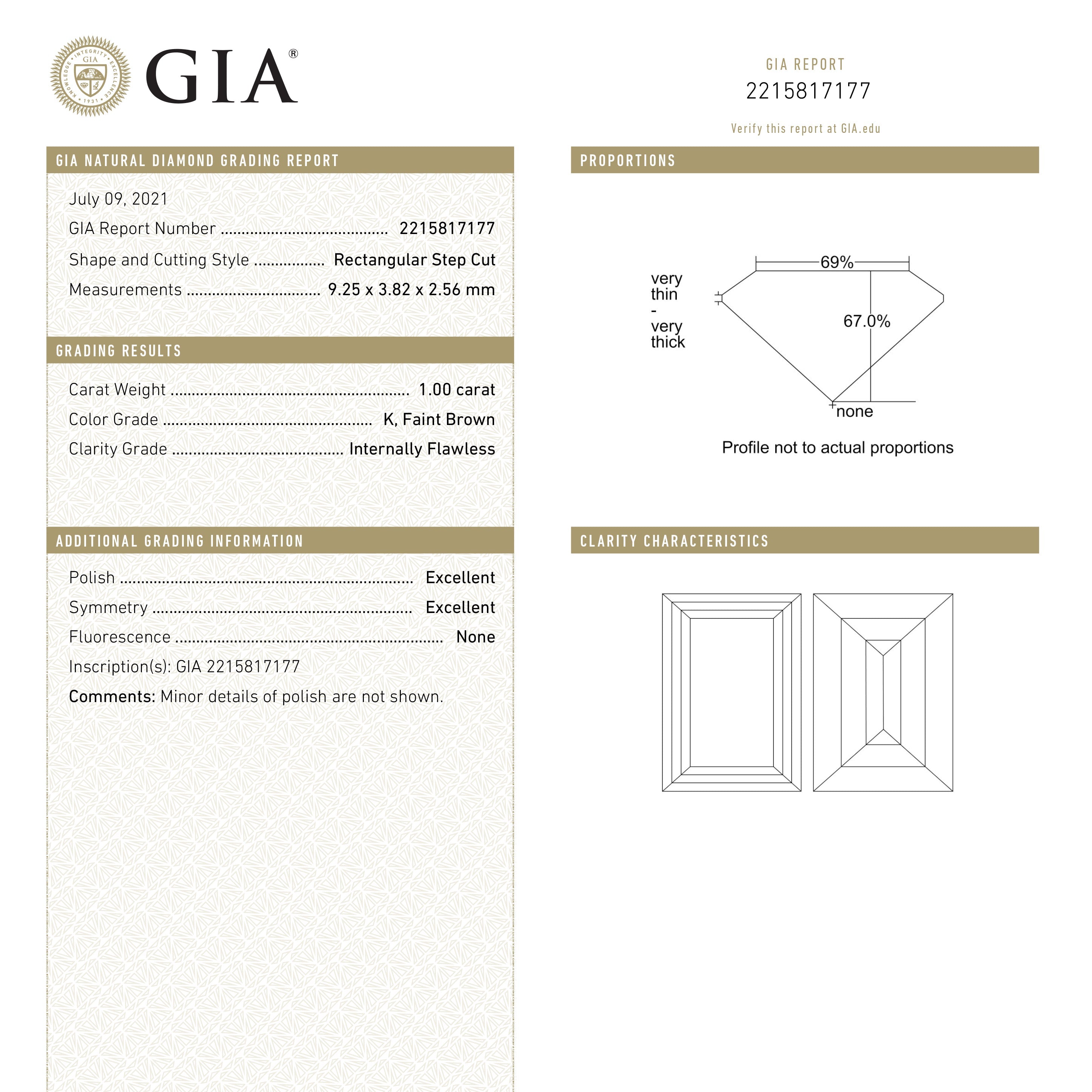 1.00ct 9.25x3.82x2.56mm GIA Internally Flawless K Baguette Step Cut 19304-01