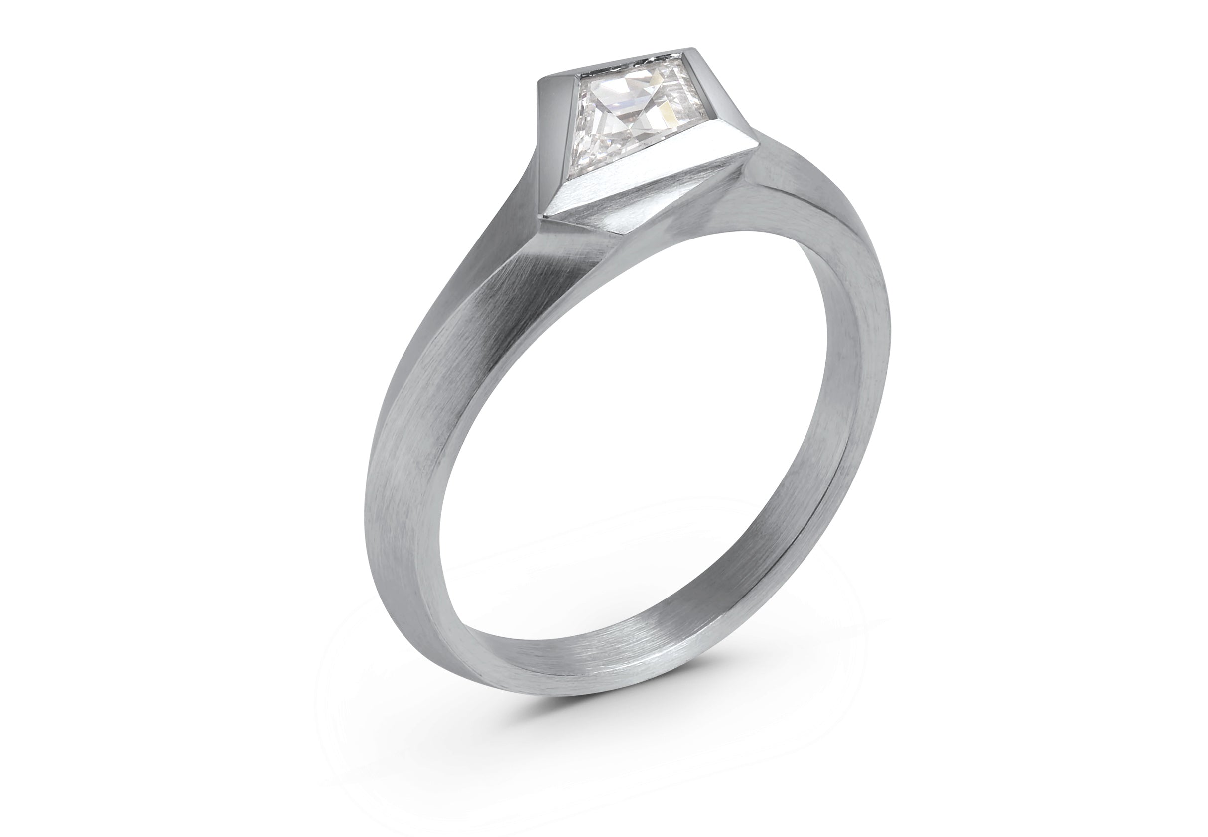 Platinum Aegis ring with kite shaped white diamond.