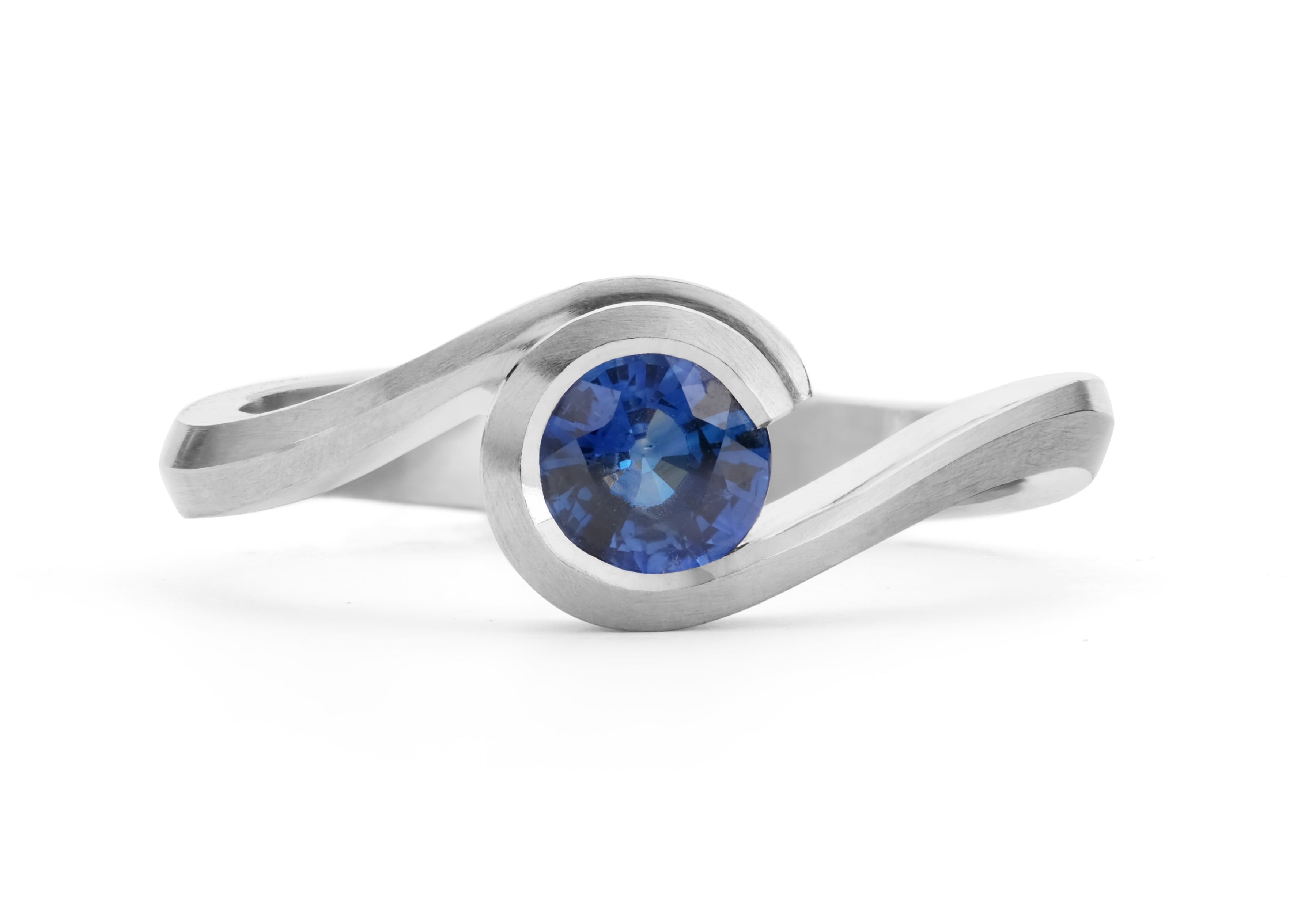 Platinum Round Blue Sapphire Wave Engagement Ring
