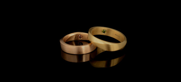 Mobius mens engagement rings yellow gold with green diamond and rose gold with cognac diamond