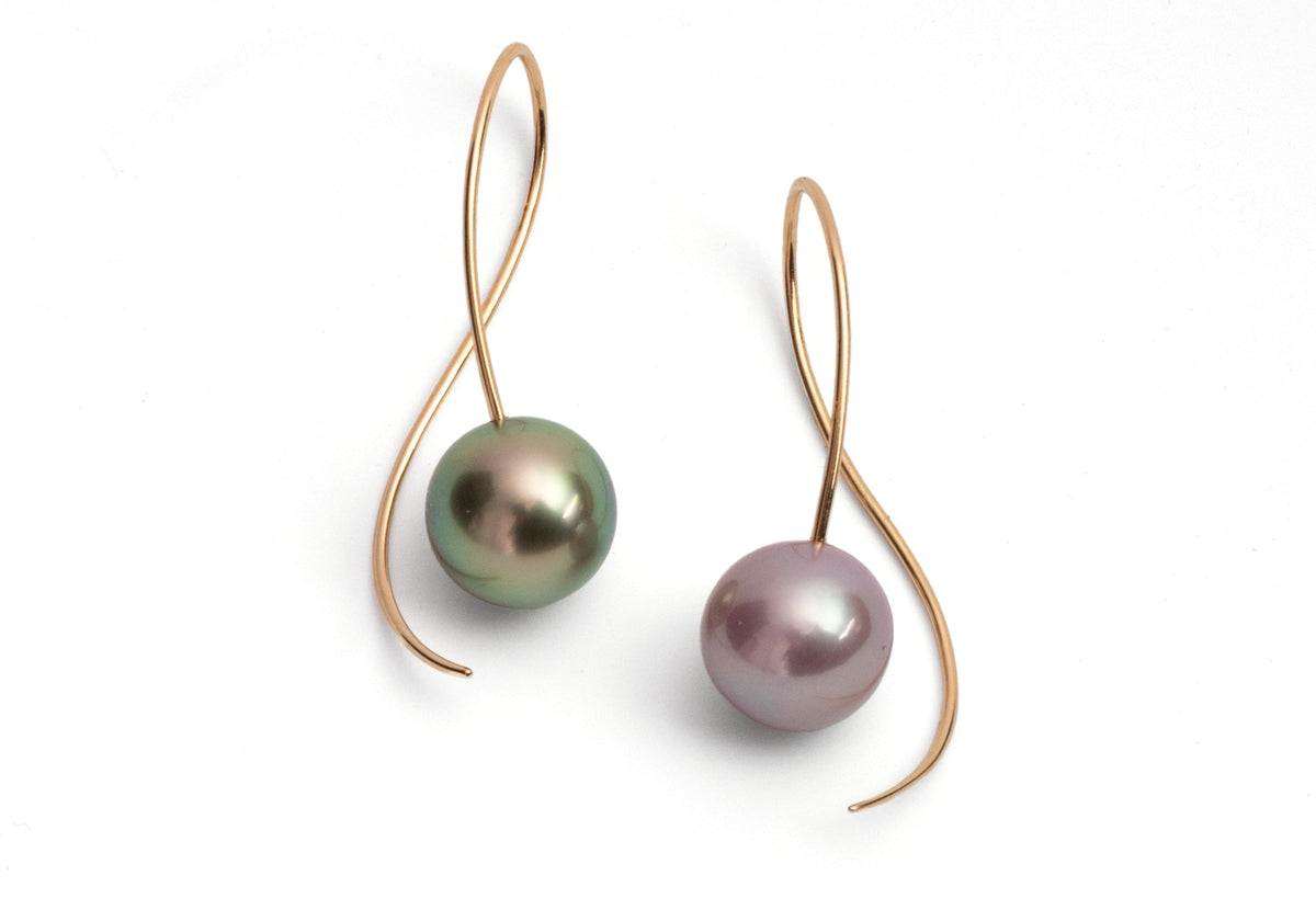 18ct rose-gold-pink-green-pearl-drop-earrings on white background 