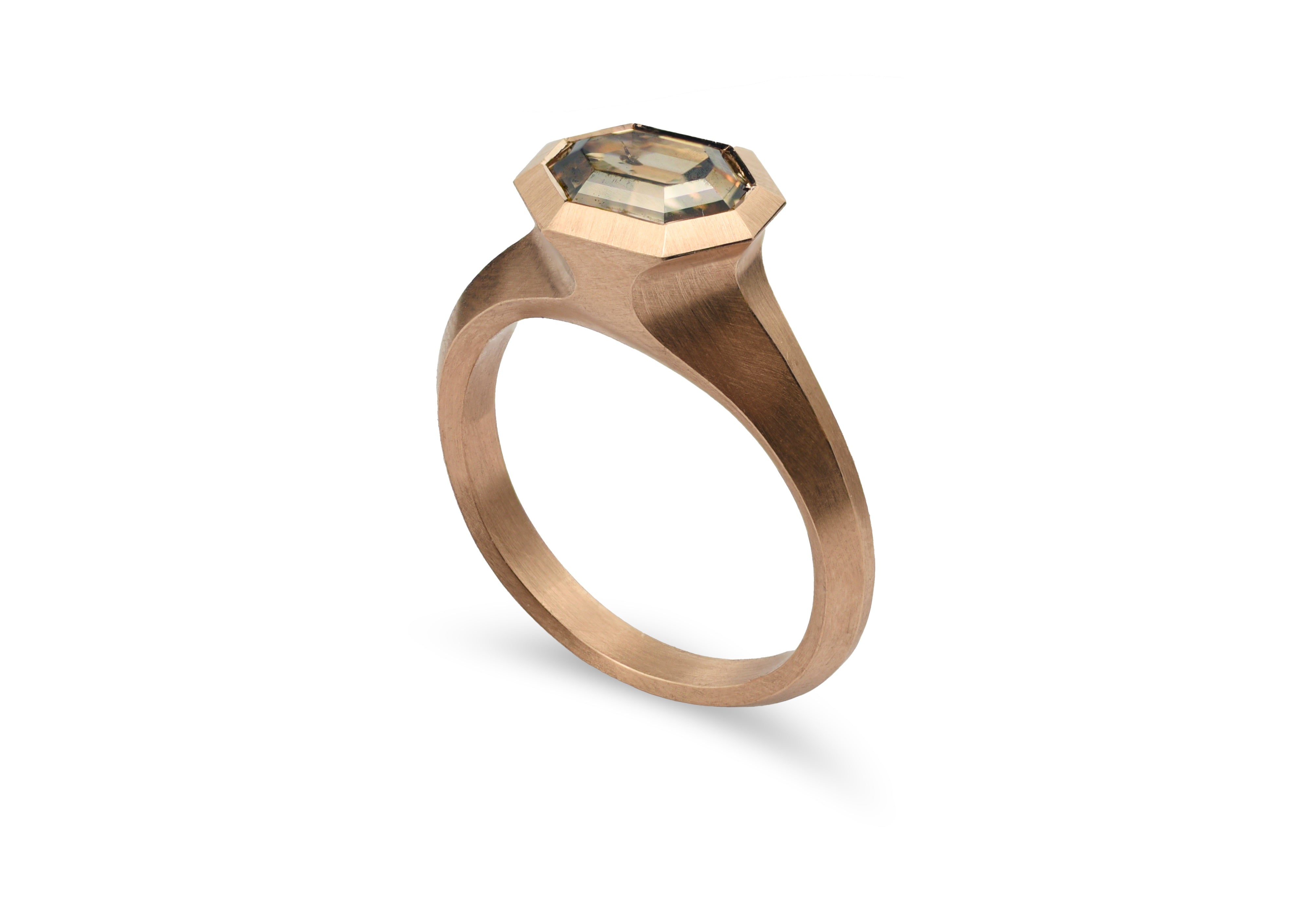 18ct Rose Gold Hexagonal Cognac Diamond Faceted Arris Ring
