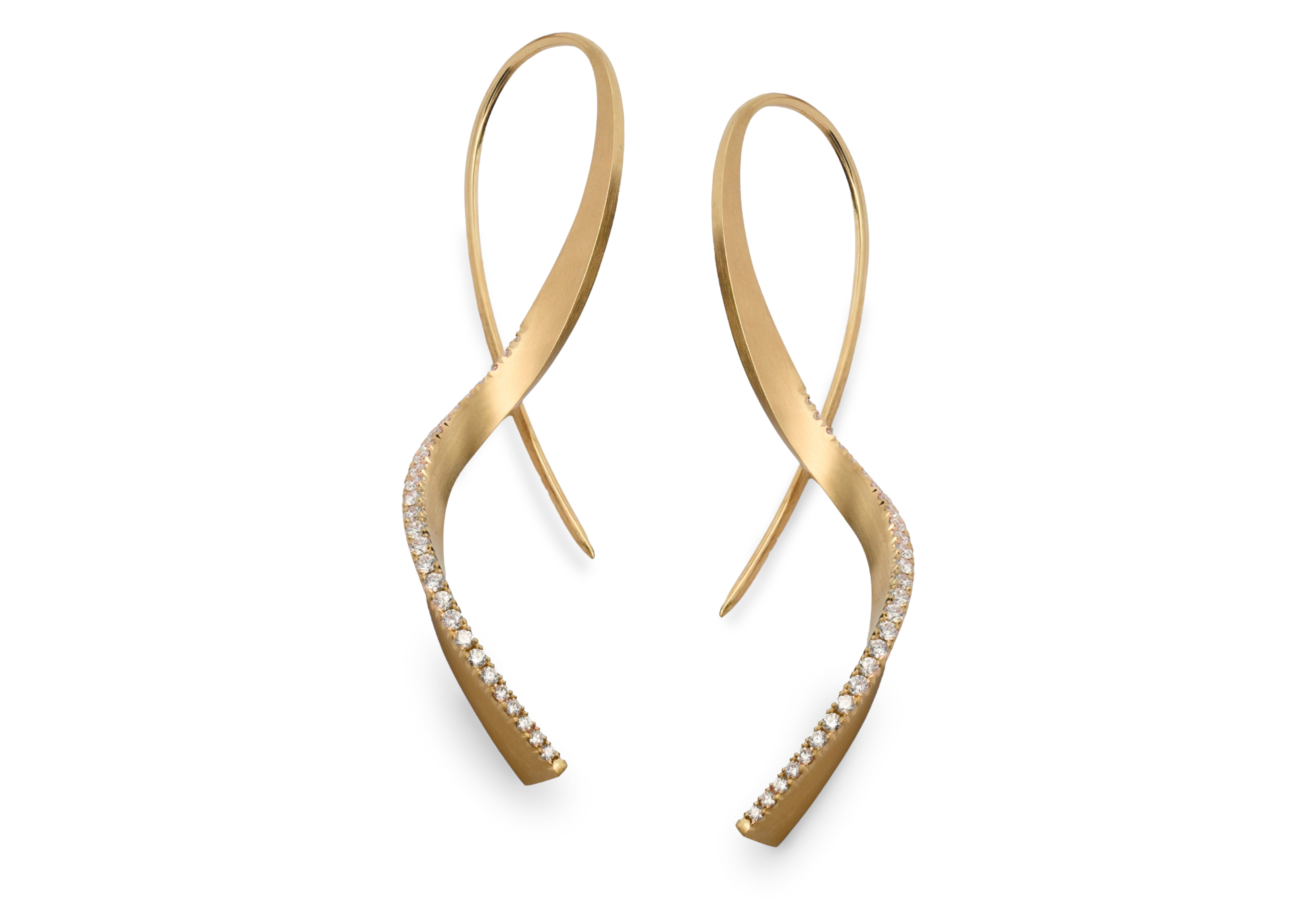 18ct Yellow Gold Forged Ribbon Diamond Drop Earrings
