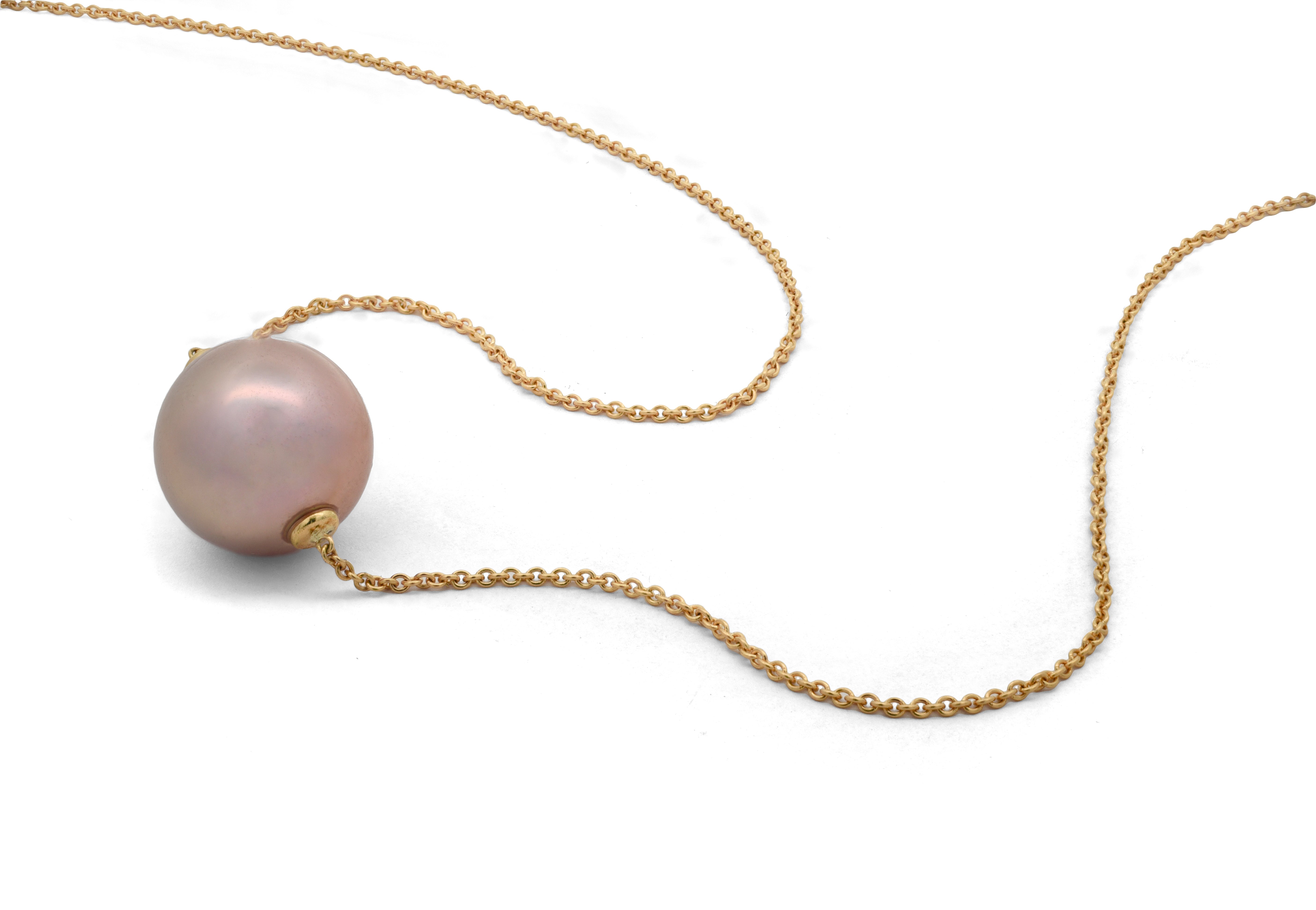 Pearl necklace with a pink pearl on a gold chain against a white background