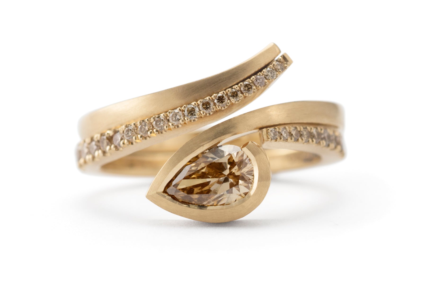 Twist cognac diamond rose gold engagement ring and cognac diamond pave set fitted wedding ring